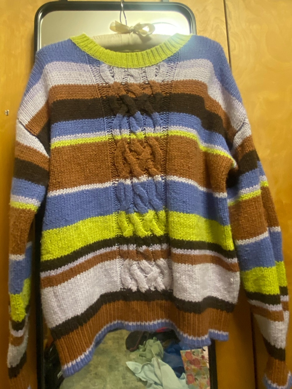 St. John’s Bay Striped Cable-Knit Crewneck Sweater in Blue, Brown & Lime